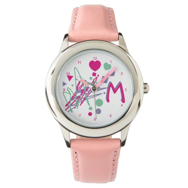 Monogram Initial Girl's Hearts Dots Squares Colour Watch (Front)