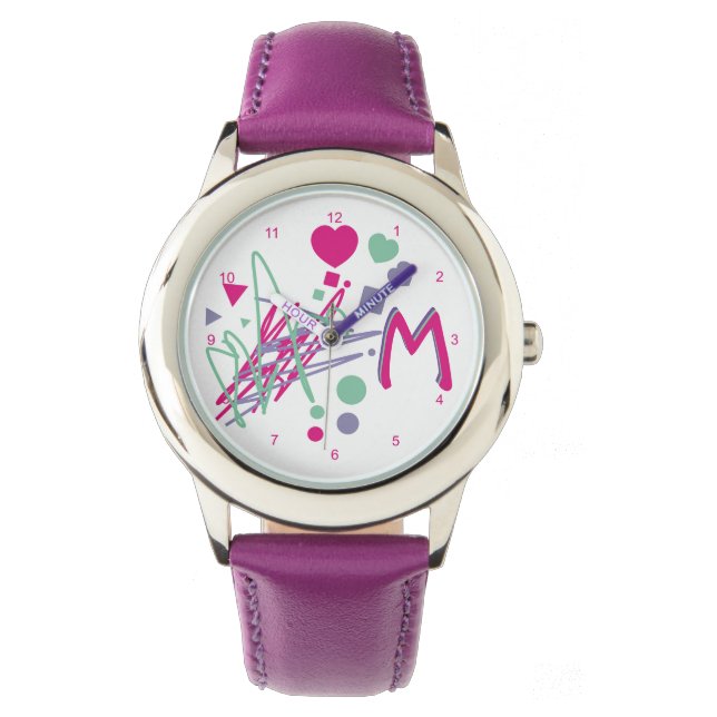 Monogram Initial Girl's Hearts Dots Squares Colour Watch (Front)