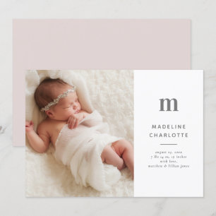 Monogram Initial Girls Photo Birth Announcement