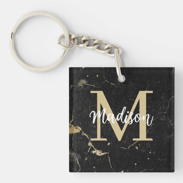 Monogram Initial Gold Black Marble Key Ring (Front)