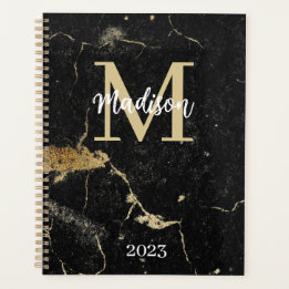 Monogram Initial Gold Black Marble Planner
