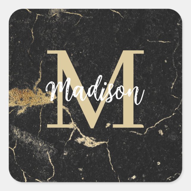 Monogram Initial Gold Black Marble Square Sticker (Front)