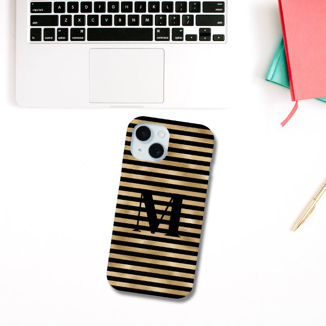 Monogram Initial Gold Black Striped Case-Mate iPhone Case (Gold Black Striped Monogrammed Initial iPhone case.)