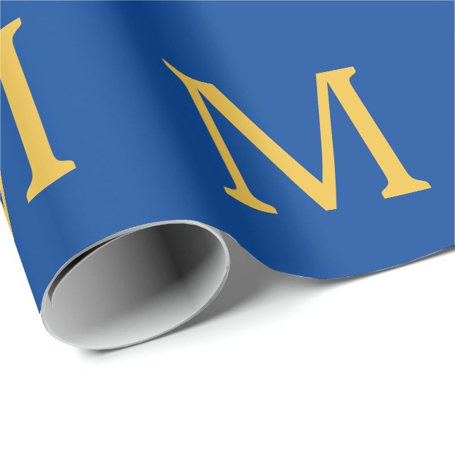 Monogram Initial Gold Blue Custom Name Party  Wrapping Paper (Roll Corner)
