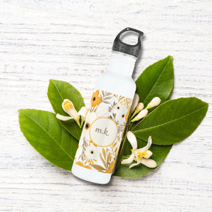 Monogram Initial Gold Brown White Floral Botanical 710 Ml Water Bottle