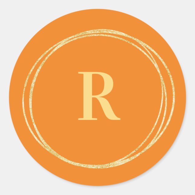 Monogram Initial Gold Circle Lines Orange Classic Round Sticker (Front)