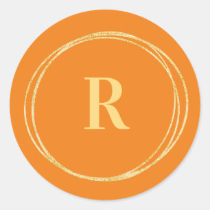 Monogram Initial Gold Circle Lines Orange Classic Round Sticker