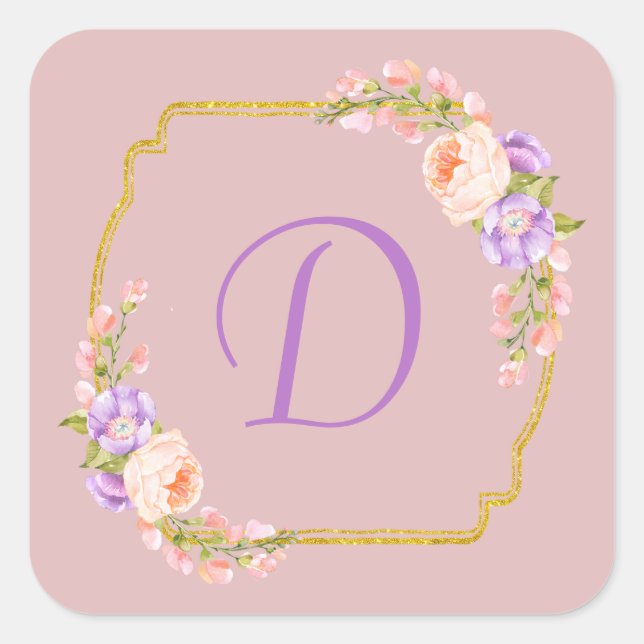 Monogram Initial Gold Frame with Flower Laurels Square Sticker (Front)