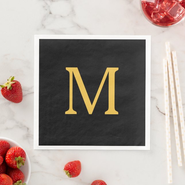Monogram Initial Gold Golden Black Custom Name  Napkin (Insitu)