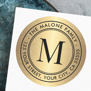 Monogram initial golden gradient return address classic round sticker