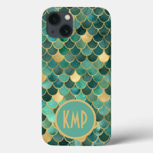 Monogram Initial Green Emerald Gold Mermaid Scales iPhone 13 Case