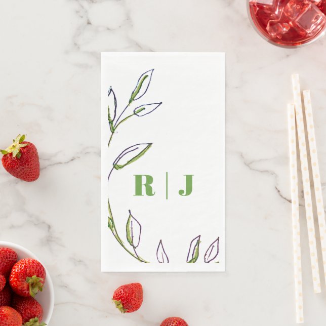 Monogram Initial Green Leaves Leaf Art Wedding Napkin (Insitu)