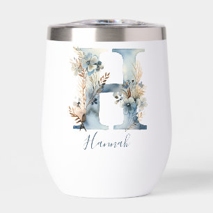 Monogram Initial H Blue Floral Watercolor Gift Her