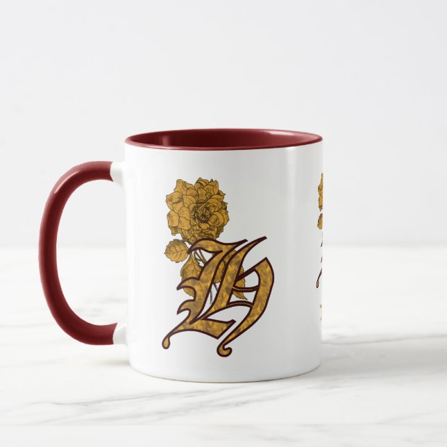 Monogram Initial H Elegant Gold Peony Personalised Mug (Left)