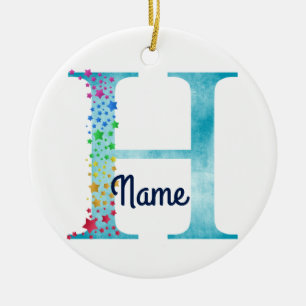 Monogram Initial H Rainbow Star design Ceramic Tree Decoration