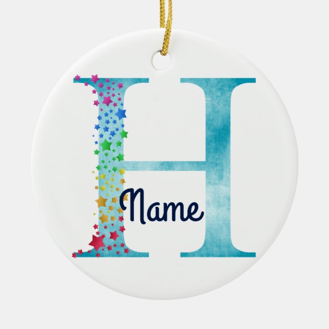 Monogram Initial H Rainbow Star design Ceramic Tree Decoration (Front)