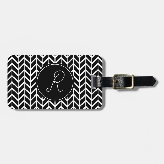 Monogram Initial Herringbone Pattern Black & White Luggage Tag (Front Horizontal)