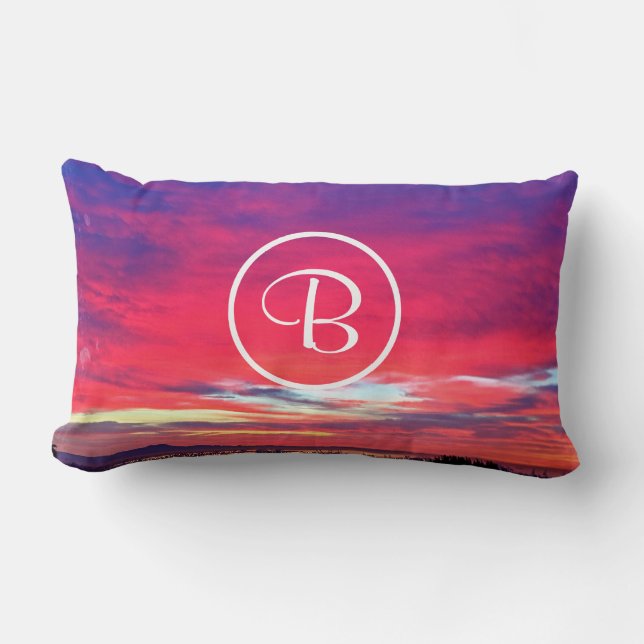 Monogram Initial Hot Pink Blue Sunset Photo Bold Lumbar Cushion (Front)