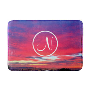 Monogram Initial Hot Pink Blue Sunset Photo Modern Bath Mat