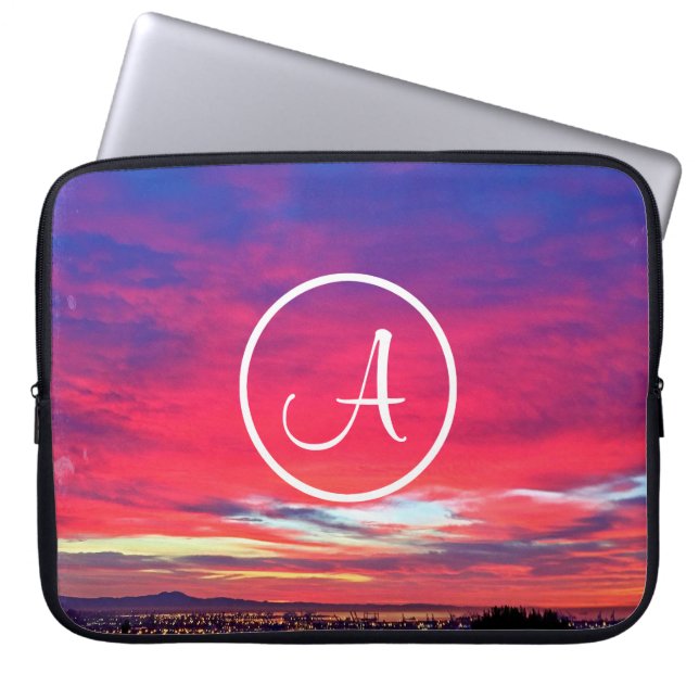 Monogram Initial Hot Pink Blue Sunset Photo Simple Laptop Sleeve (Front)