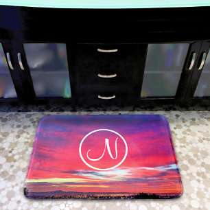 Monogram Initial Hot Pink Blue Sunset Photography Bath Mat