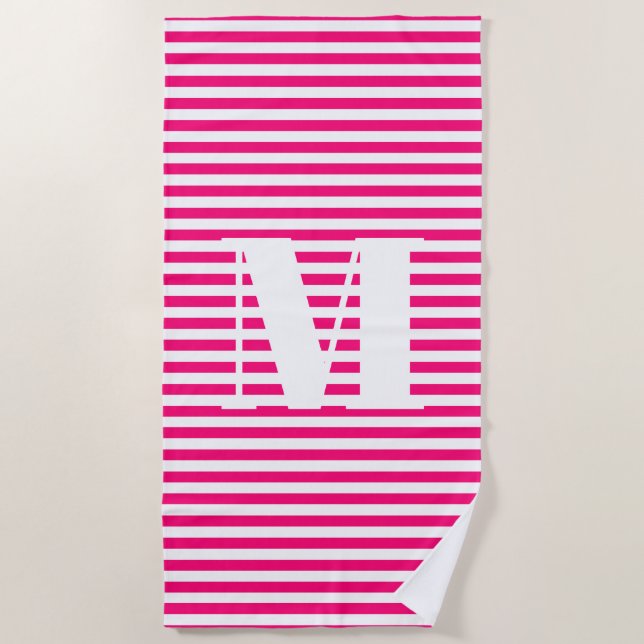 Monogram initial hot pink fuchsia white stripes beach towel (Front)