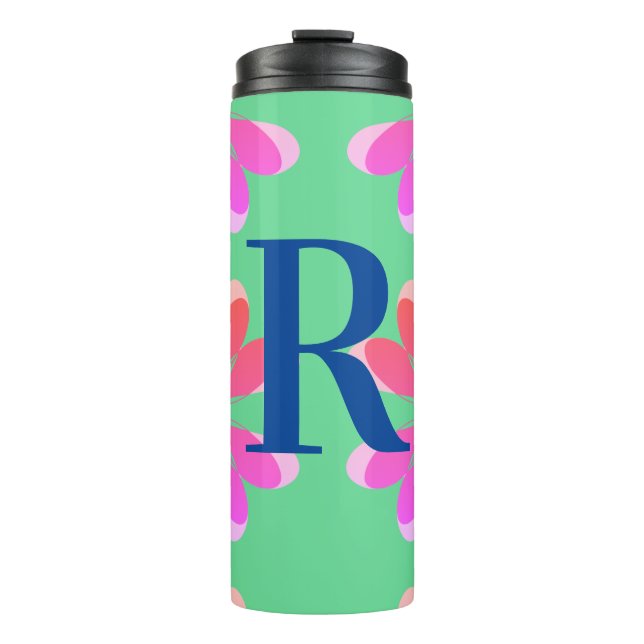Monogram Initial Hot Pink Lime Green Retro Floral Thermal Tumbler (Front)