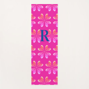 Monogram Initial Hot Pink Retro Flower Pattern Yoga Mat