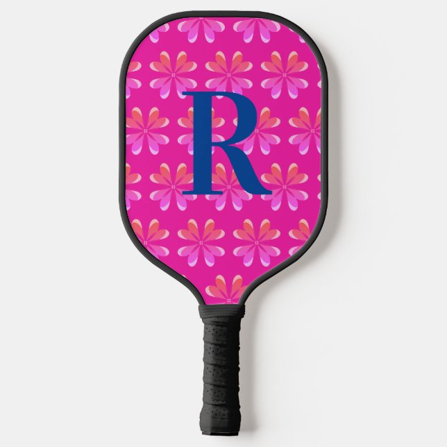 Monogram Initial Hot Pink Retro Pickleball Paddle (Back)