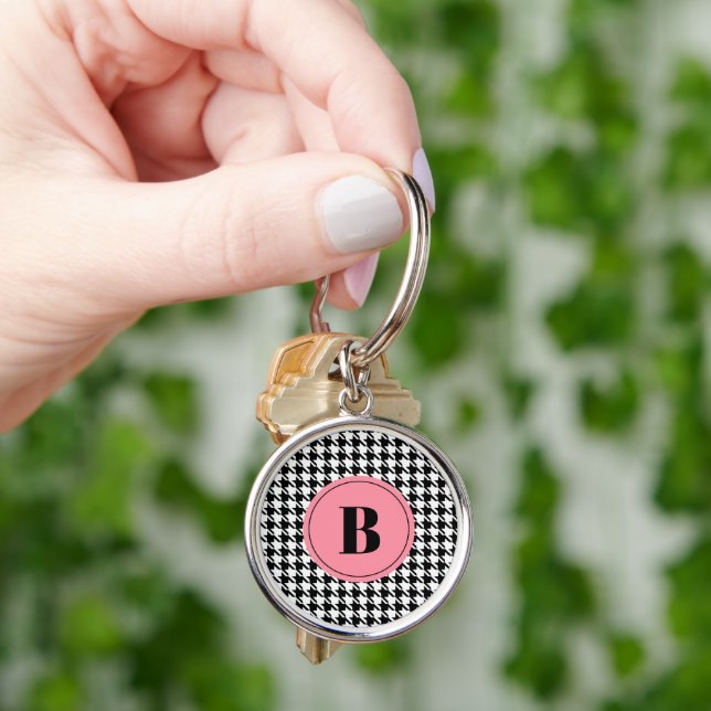 Monogram Initial Houndstooth 1.44-in Round Silver Key Ring (Hand)