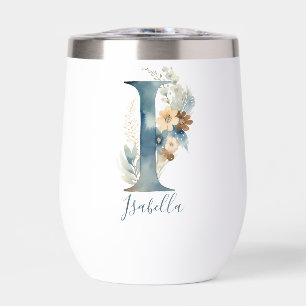 Monogram Initial I Blue Floral Watercolor Gift Her