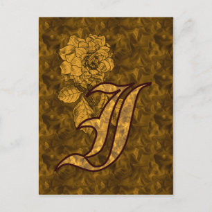 Monogram Initial I Elegant Gold Peony Flower Postcard
