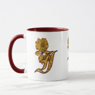 Monogram Initial I Elegant Gold Peony Personalised Mug