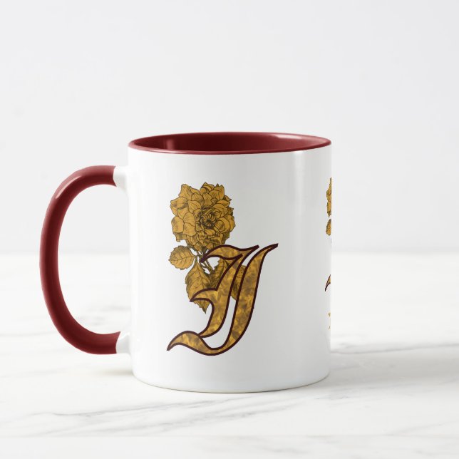 Monogram Initial I Elegant Gold Peony Personalised Mug (Left)