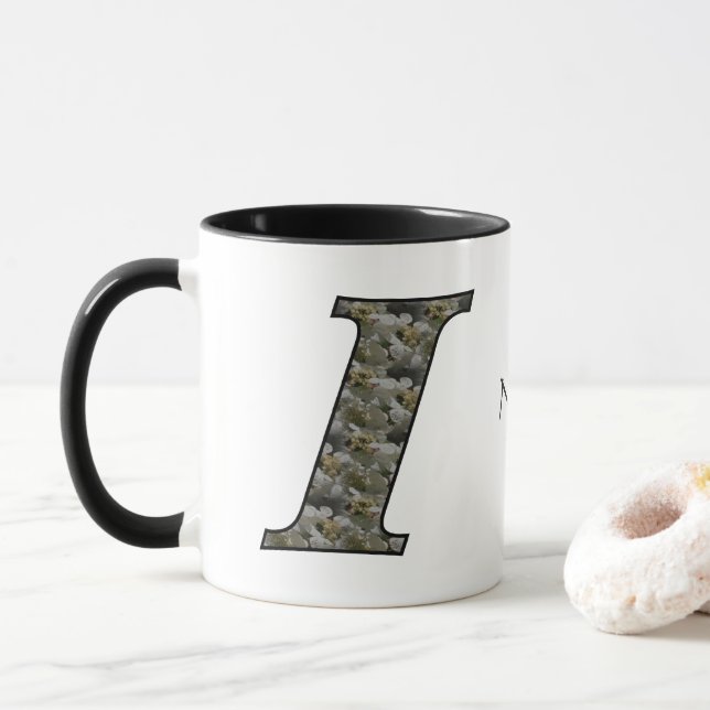 Monogram Initial I Hydrangea Flowers Personalised Mug (With Donut)