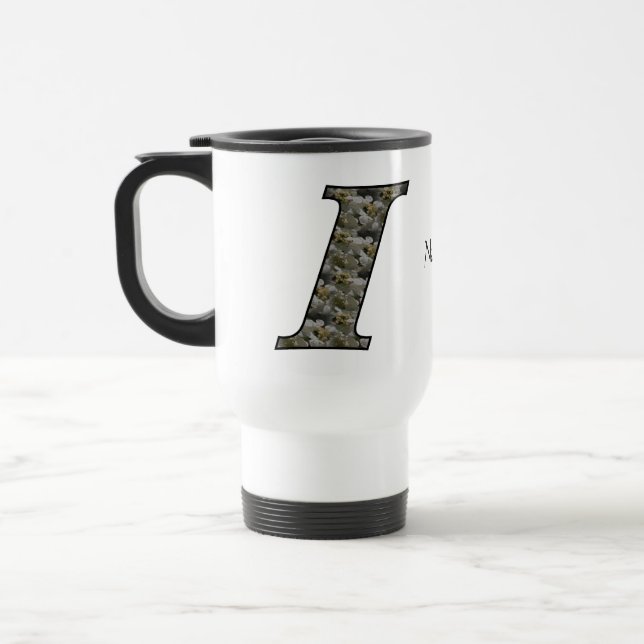 Monogram Initial I Hydrangea Flowers Personalised Travel Mug (Left)