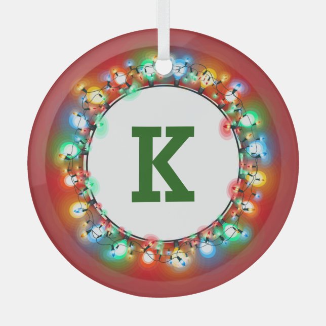 Monogram Initial in Holiday Lights  Glass Tree Decoration (Front)