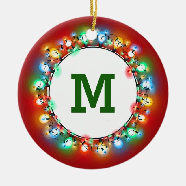 Monogram Initial in Holiday Lights with Year Ceramic Tree Decoration (Front)