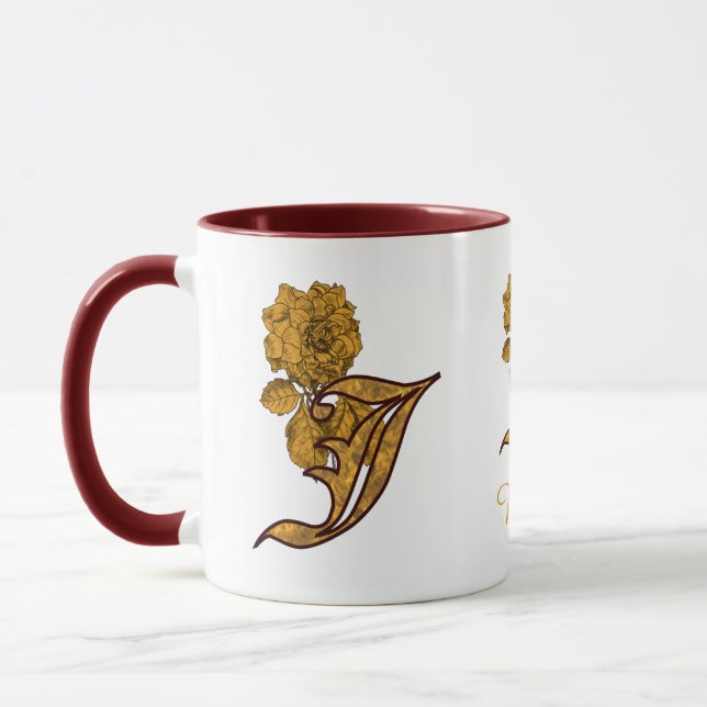 Monogram Initial J Elegant Gold Peony Personalised Mug (Left)