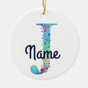 Monogram Initial J Rainbow Star design Ceramic Tree Decoration