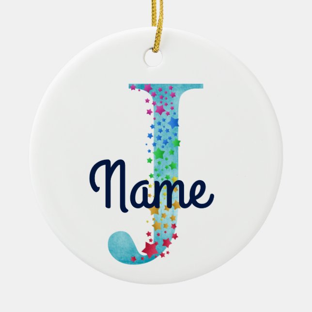 Monogram Initial J Rainbow Star design Ceramic Tree Decoration (Front)