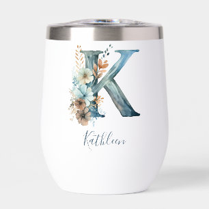 Monogram Initial K Blue Floral Watercolor Gift Her