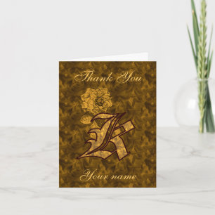 Monogram Initial K Gold Satin Peony Personalised Thank You Card