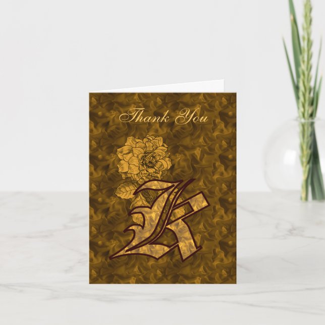 Monogram Initial K Gold Satin Peony Thank You Card (Front)