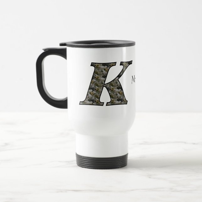 Monogram Initial K Hydrangea Flowers Personalised Travel Mug (Left)