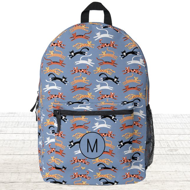 Monogram Initial Kitty Cat Personalised Printed Backpack (Fun kitty cat blue personalized monogram initial backpack)