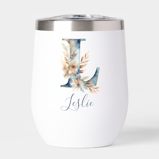 Monogram Initial L Blue Floral Watercolor Gift Her (Front)