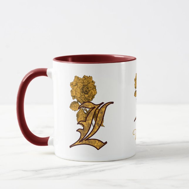 Monogram Initial L Elegant Gold Peony Personalised Mug (Left)