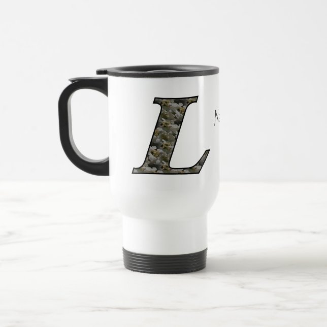 Monogram Initial L Hydrangea Flowers Personalised Travel Mug (Left)