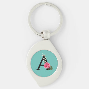 Monogram Initial Letter A in White Pink Rose Key Ring